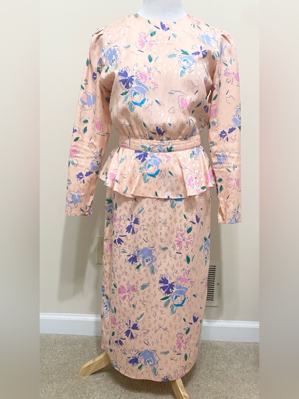 Vintage Petites For Maggie Pink & Blue Floral Ruffle Waist Long Sleeve Dress